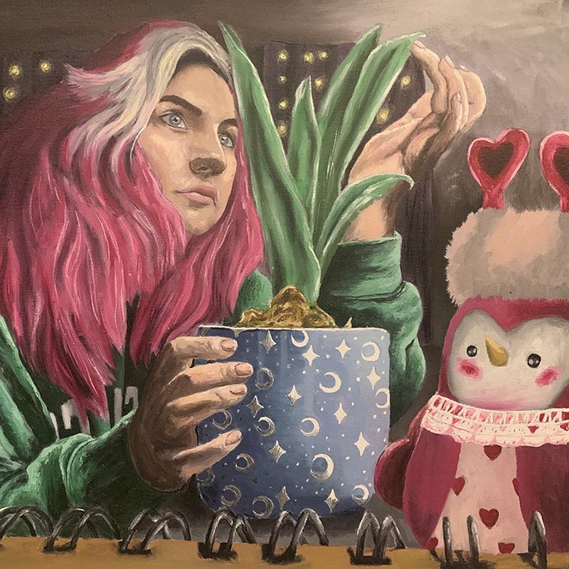 painting of girl with pink hair holding potted plant